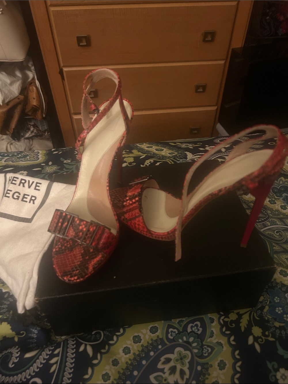 Herve Leger Red Snake-Print Stiletto Sandals - Picture 15 of 15